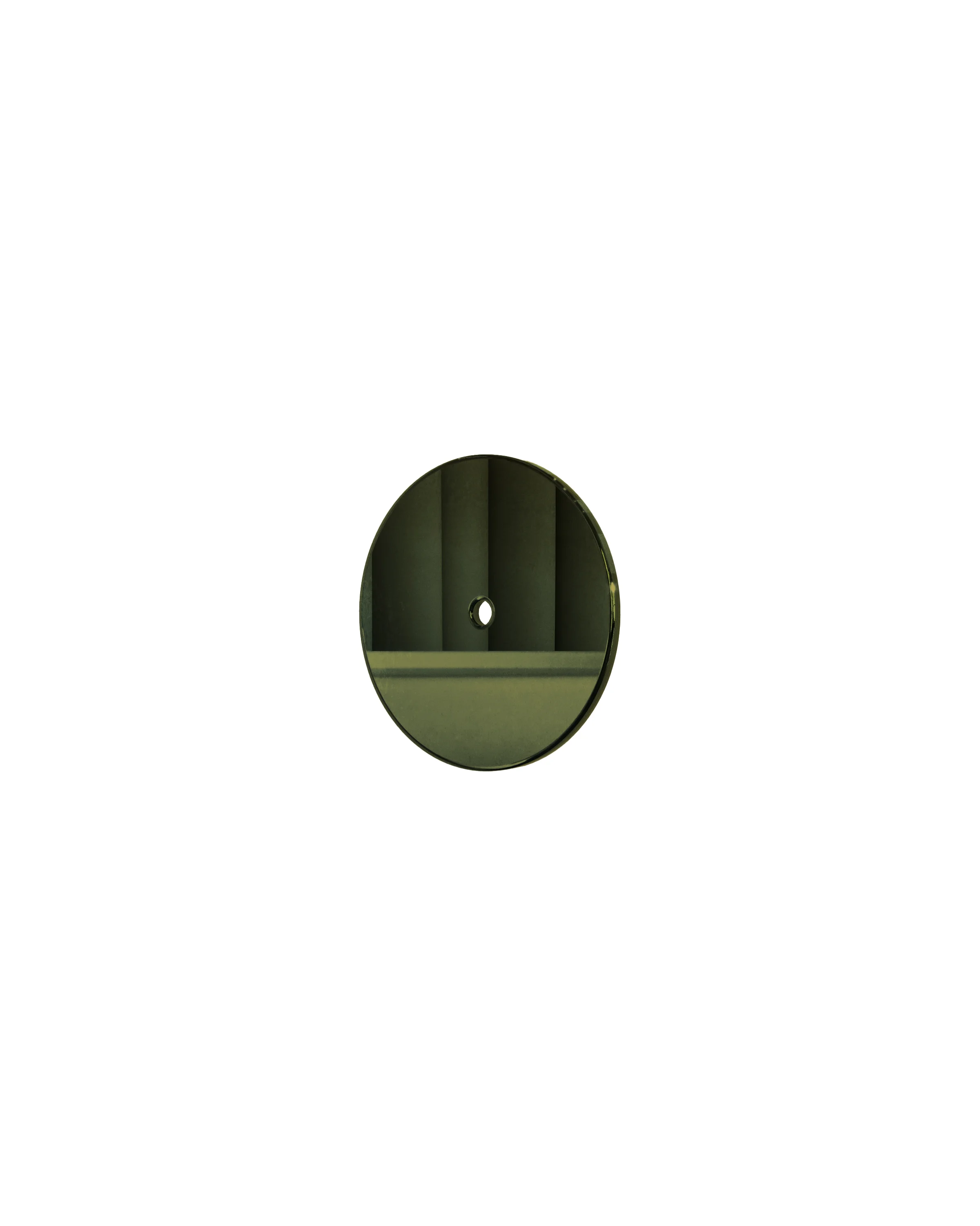 Oval, green pad with a shiny surface, with a small hole inside. The pad has light reflections and is placed on a white background. 